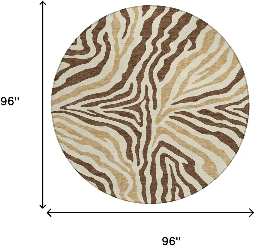8' Brown And Beige Round Zebra Print Washable Indoor Outdoor Area Rug Photo 7