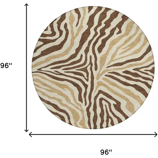 8' Brown And Beige Round Zebra Print Washable Indoor Outdoor Area Rug Photo 7