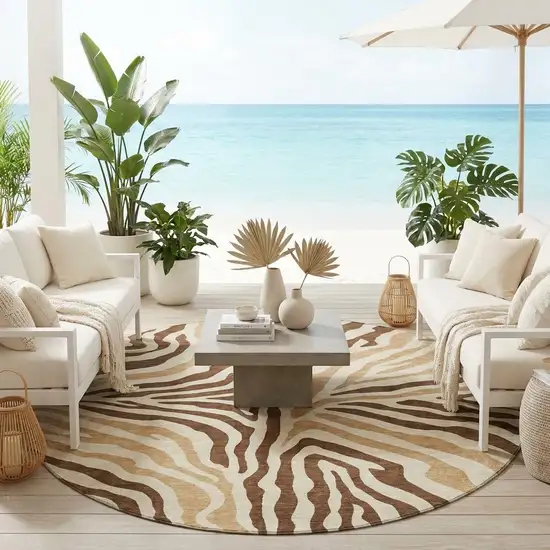 8' Brown And Beige Round Zebra Print Washable Indoor Outdoor Area Rug Photo 1