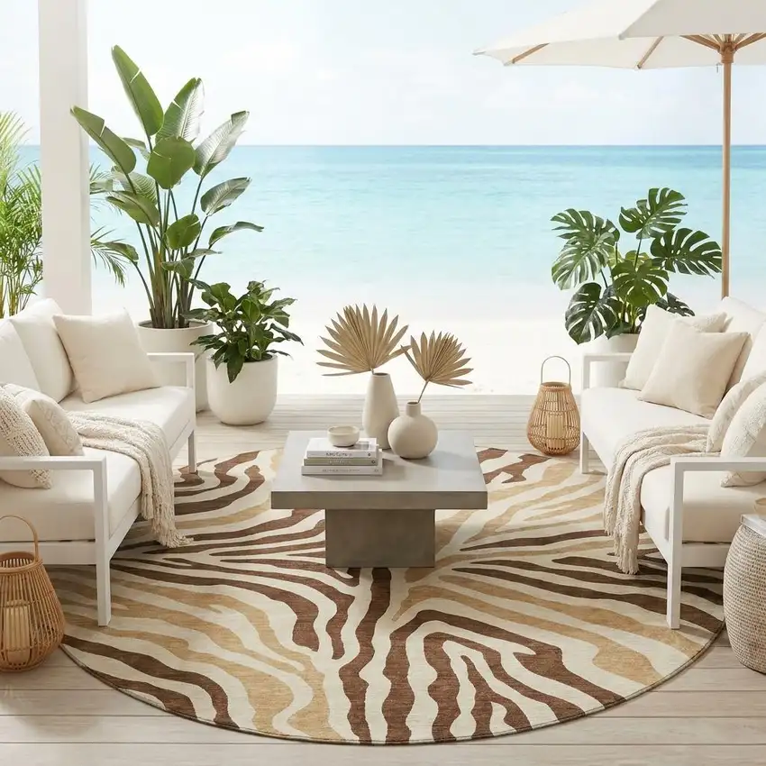 8' Brown And Beige Round Zebra Print Washable Indoor Outdoor Area Rug Photo 1