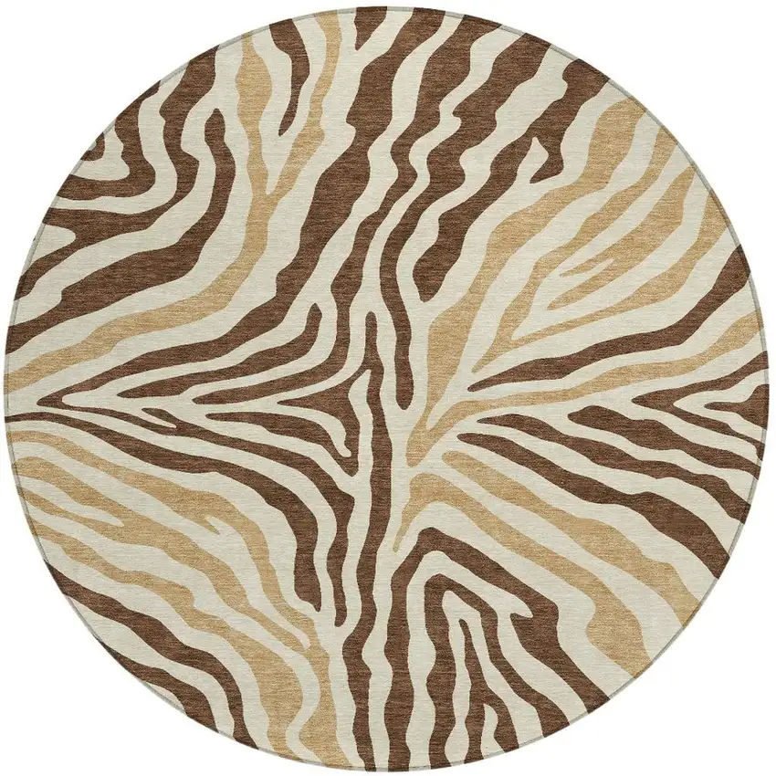 8' Brown And Beige Round Zebra Print Washable Indoor Outdoor Area Rug Photo 4