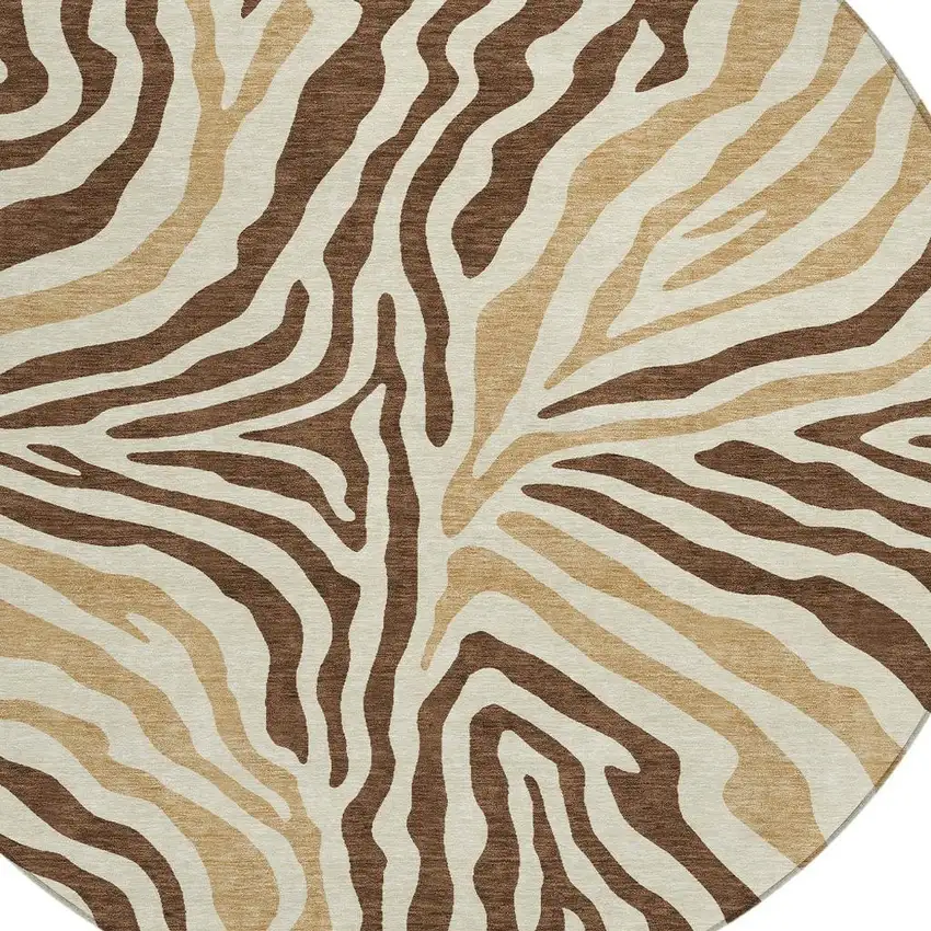 8' Brown And Beige Round Zebra Print Washable Indoor Outdoor Area Rug Photo 3