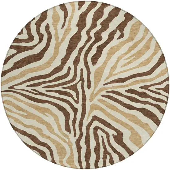 8' Brown And Beige Round Zebra Print Washable Indoor Outdoor Area Rug Photo 2