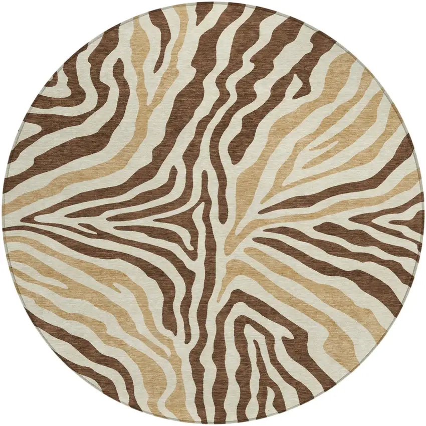 8' Brown And Beige Round Zebra Print Washable Indoor Outdoor Area Rug Photo 2
