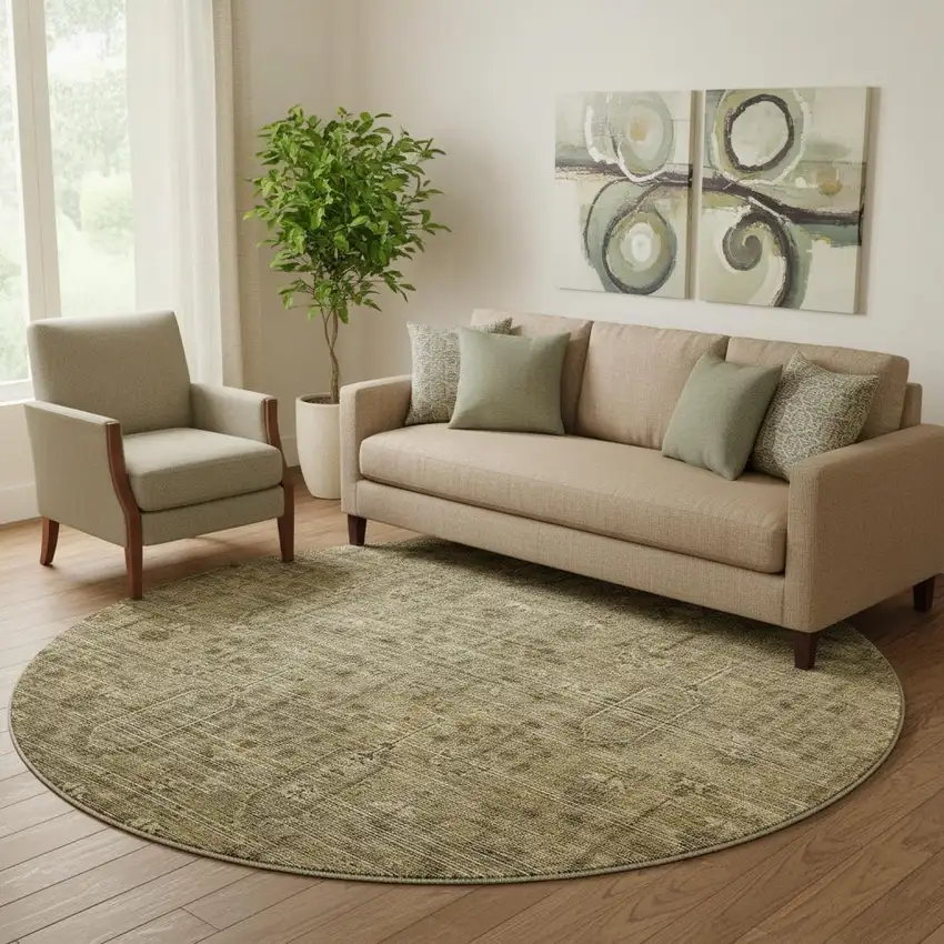 8' Brown And Beige Southwestern Washable Round Rug With UV Protection Photo 1