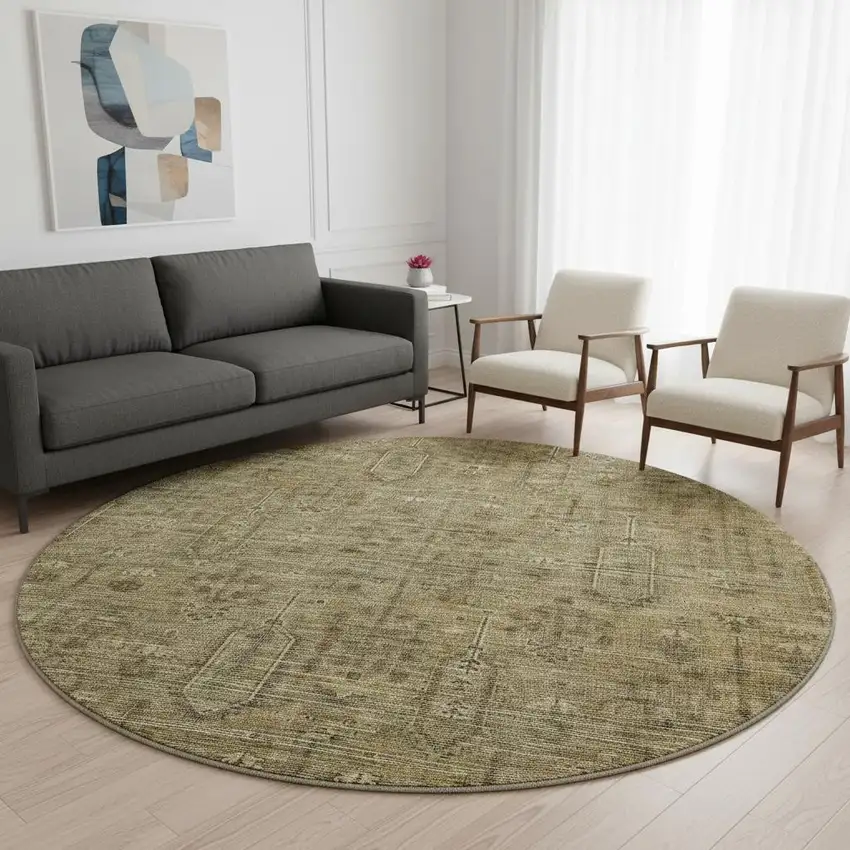 8' Brown And Beige Southwestern Washable Round Rug With UV Protection Photo 2