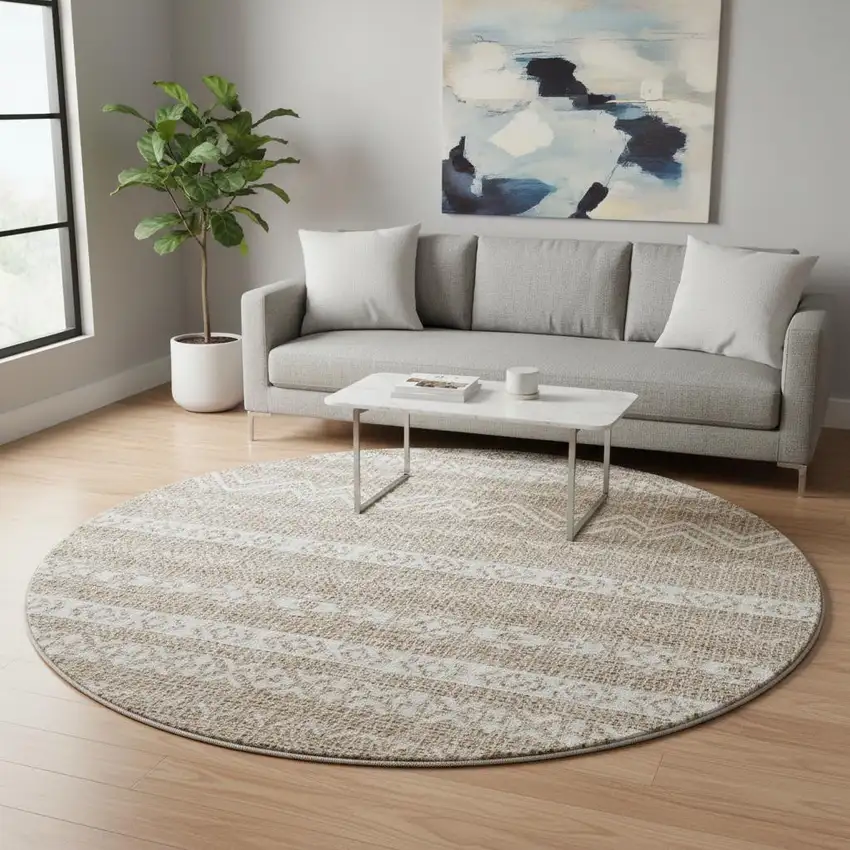 8' Brown And Beige Southwestern Washable Round Rug With UV Protection Photo 2