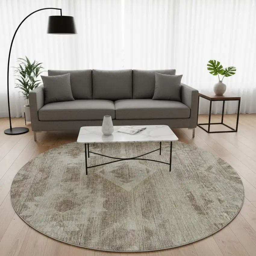 8' Brown And Beige Southwestern Washable Round Rug With UV Protection Photo 2