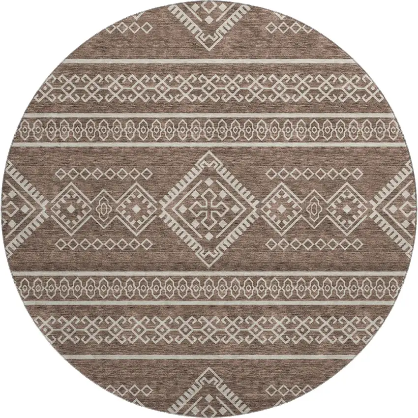 8' Brown And Beige Southwestern Washable Round Rug With UV Protection Photo 1
