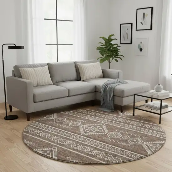 8' Brown And Beige Southwestern Washable Round Rug With UV Protection Photo 2