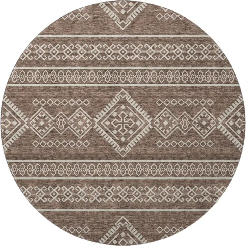 8' Brown And Beige Southwestern Washable Round Rug With UV Protection Photo 3