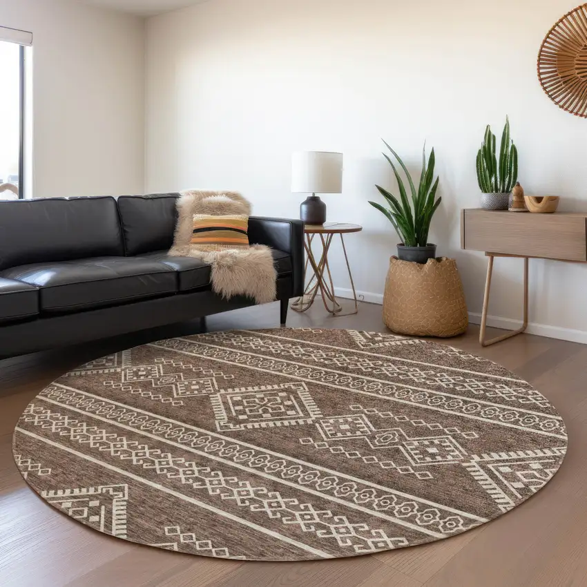 8' Brown And Beige Southwestern Washable Round Rug With UV Protection Photo 4