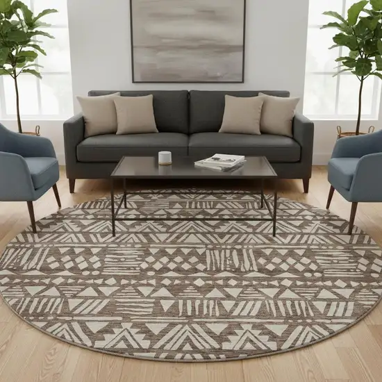 8' Brown And Beige Southwestern Washable Round Rug With UV Protection Photo 2