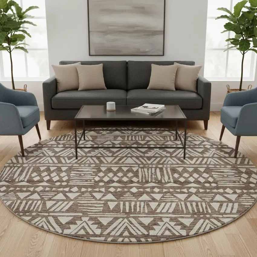 8' Brown And Beige Southwestern Washable Round Rug With UV Protection Photo 2