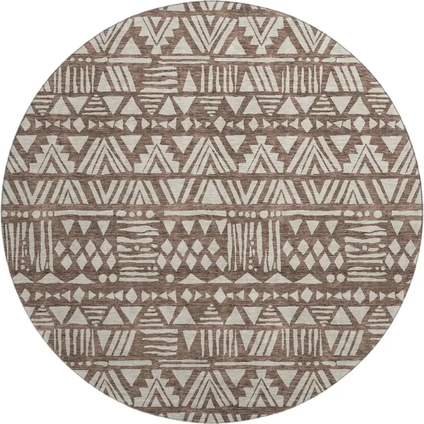 8' Brown And Beige Southwestern Washable Round Rug With UV Protection Photo 1