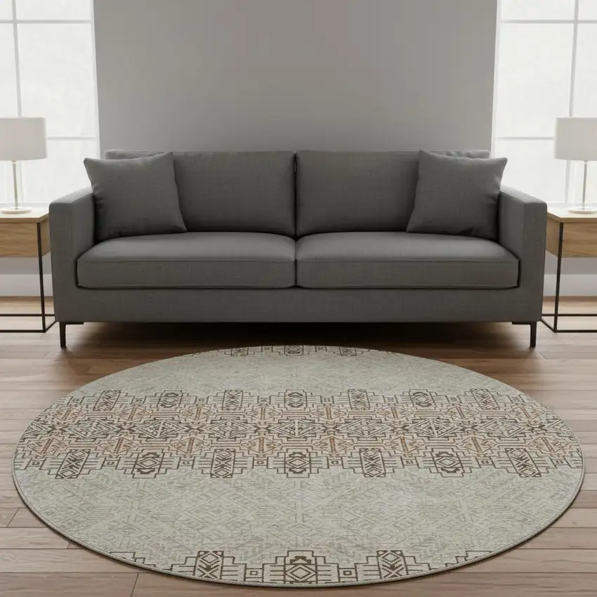 8' Brown And Beige Southwestern Washable Round Rug With UV Protection Photo 2