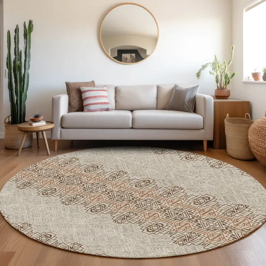 8' Brown And Beige Southwestern Washable Round Rug With UV Protection Photo 4