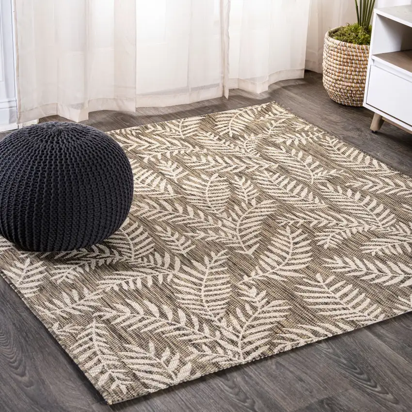8' Brown And Beige Square Floral Indoor Outdoor Area Rug Photo 4