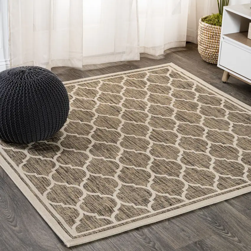 8' Brown And Beige Square Geometric Indoor Outdoor Area Rug Photo 4