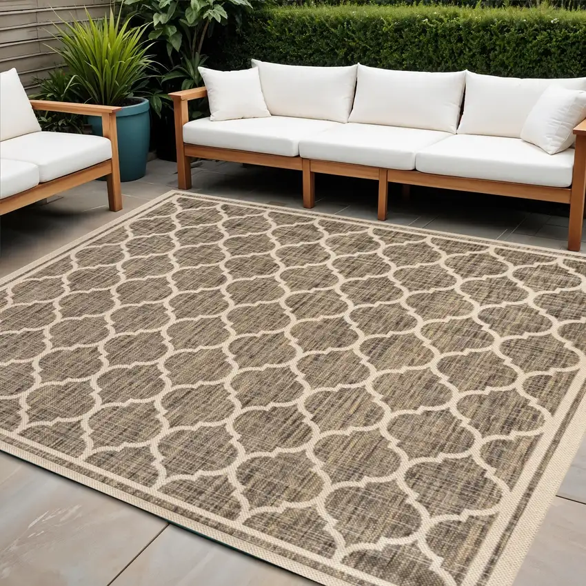 9' Brown And Beige Square Geometric Indoor Outdoor Area Rug Photo 1