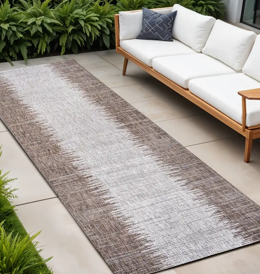 10' Brown And Beige Striped Indoor Outdoor Runner Rug Photo 1