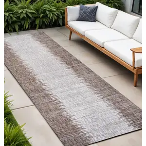 Photo of 8' Brown And Beige Striped Indoor Outdoor Runner Rug