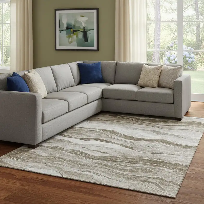 8' Brown And Beige Striped Washable Area Rug With UV Protection Photo 2