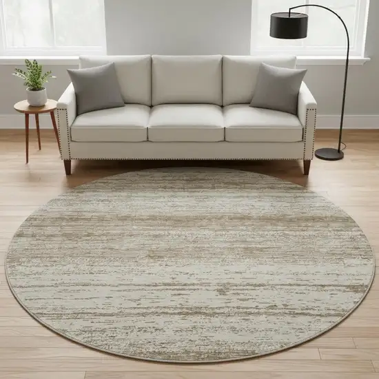 8' Brown And Beige Striped Washable Round Rug With UV Protection Photo 2