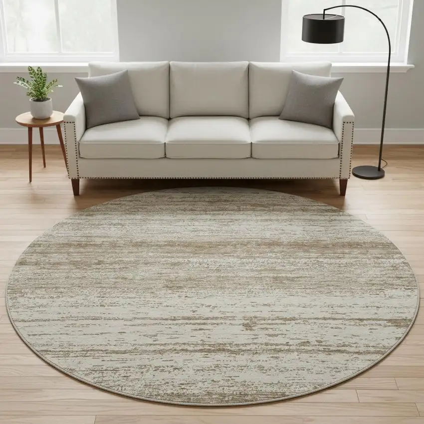 8' Brown And Beige Striped Washable Round Rug With UV Protection Photo 2