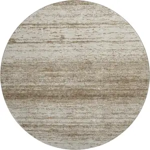 Photo of 8' Brown And Beige Striped Washable Round Rug With UV Protection
