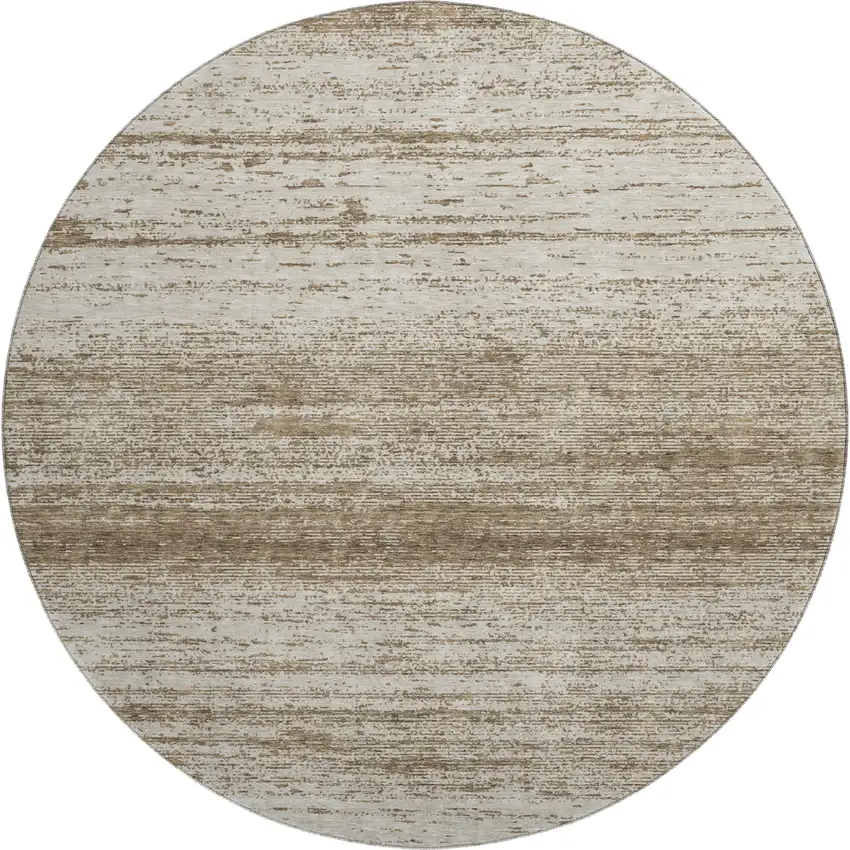 8' Brown And Beige Striped Washable Round Rug With UV Protection Photo 1