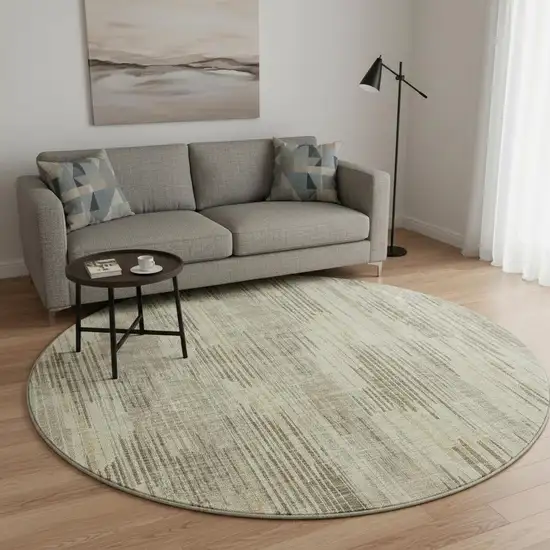 8' Brown And Beige Striped Washable Round Rug With UV Protection Photo 2
