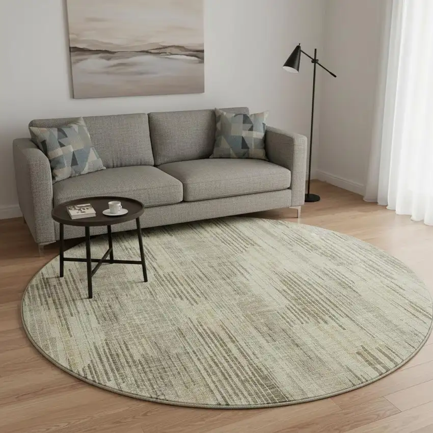 8' Brown And Beige Striped Washable Round Rug With UV Protection Photo 2