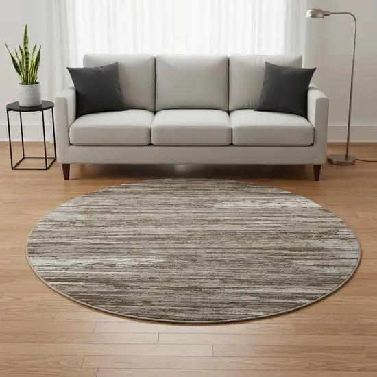 8' Brown And Beige Striped Washable Round Rug With UV Protection Photo 2
