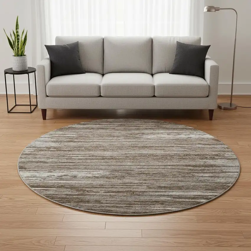 8' Brown And Beige Striped Washable Round Rug With UV Protection Photo 2