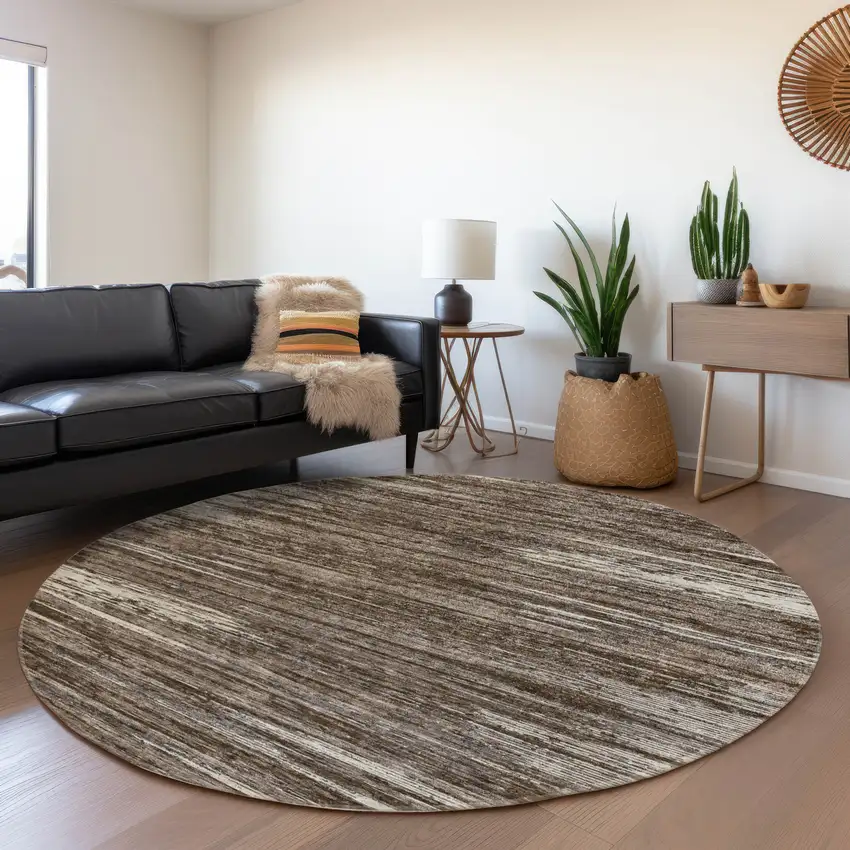 8' Brown And Beige Striped Washable Round Rug With UV Protection Photo 5