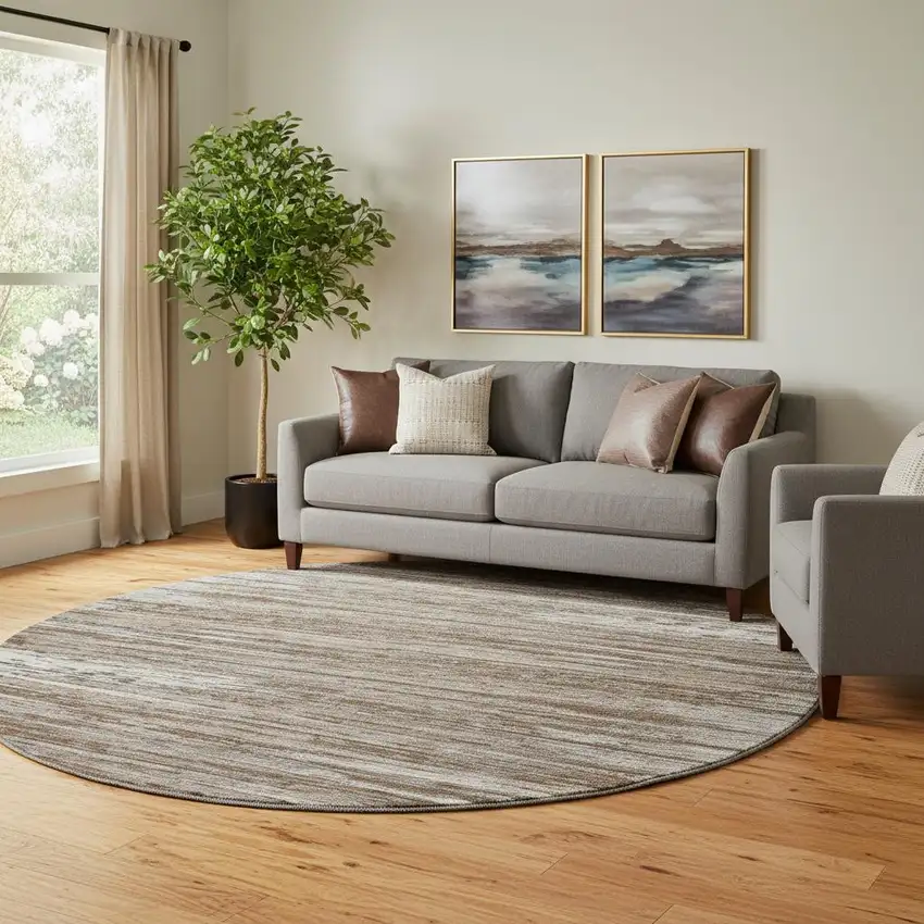 8' Brown And Beige Striped Washable Round Rug With UV Protection Photo 1