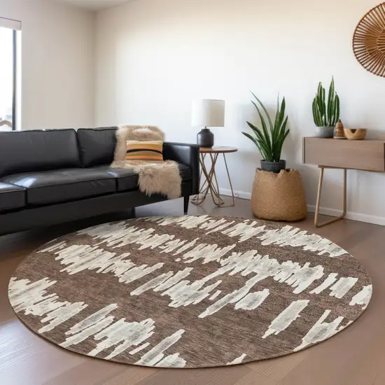 8' Brown And Beige Striped Washable Round Rug With UV Protection Photo 5