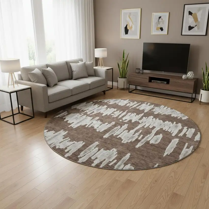 8' Brown And Beige Striped Washable Round Rug With UV Protection Photo 2