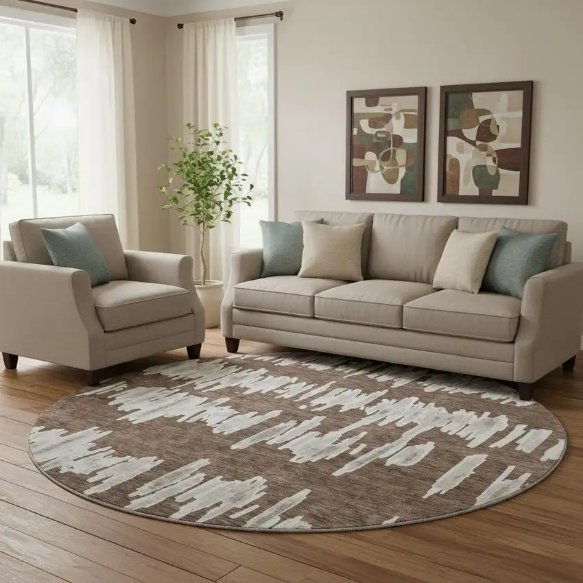 8' Brown And Beige Striped Washable Round Rug With UV Protection Photo 1