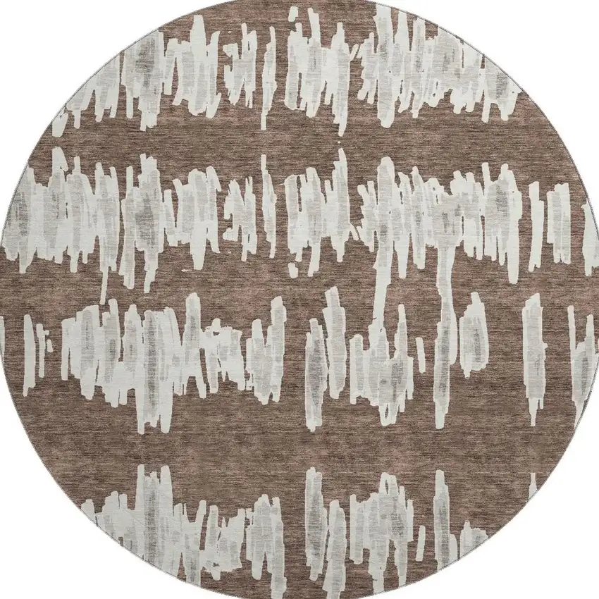 8' Brown And Beige Striped Washable Round Rug With UV Protection Photo 3