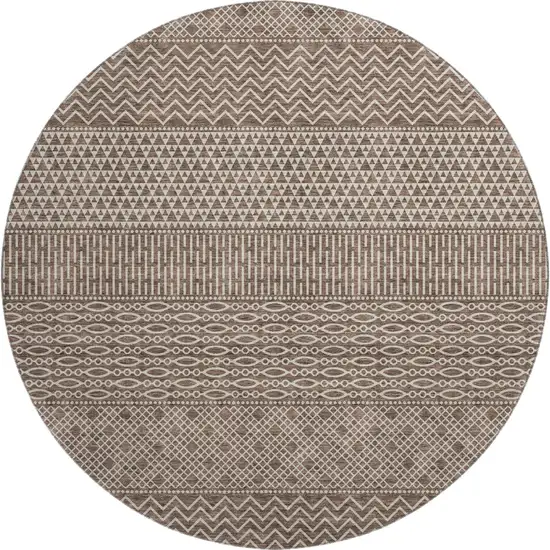 8' Brown And Beige Striped Washable Round Rug With UV Protection Photo 1