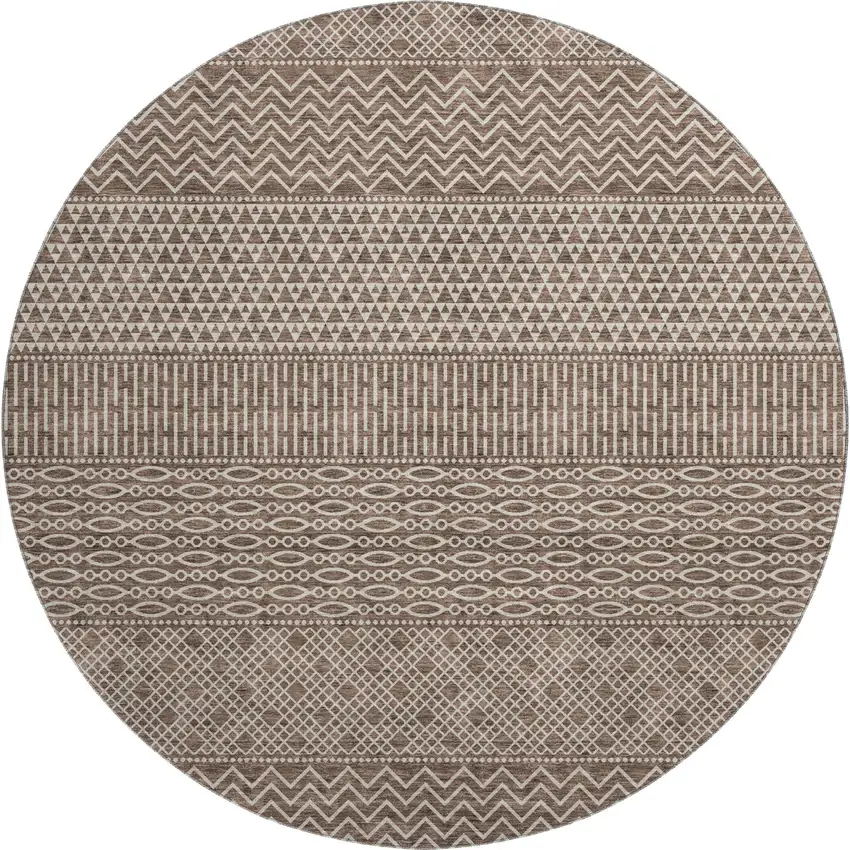 8' Brown And Beige Striped Washable Round Rug With UV Protection Photo 1