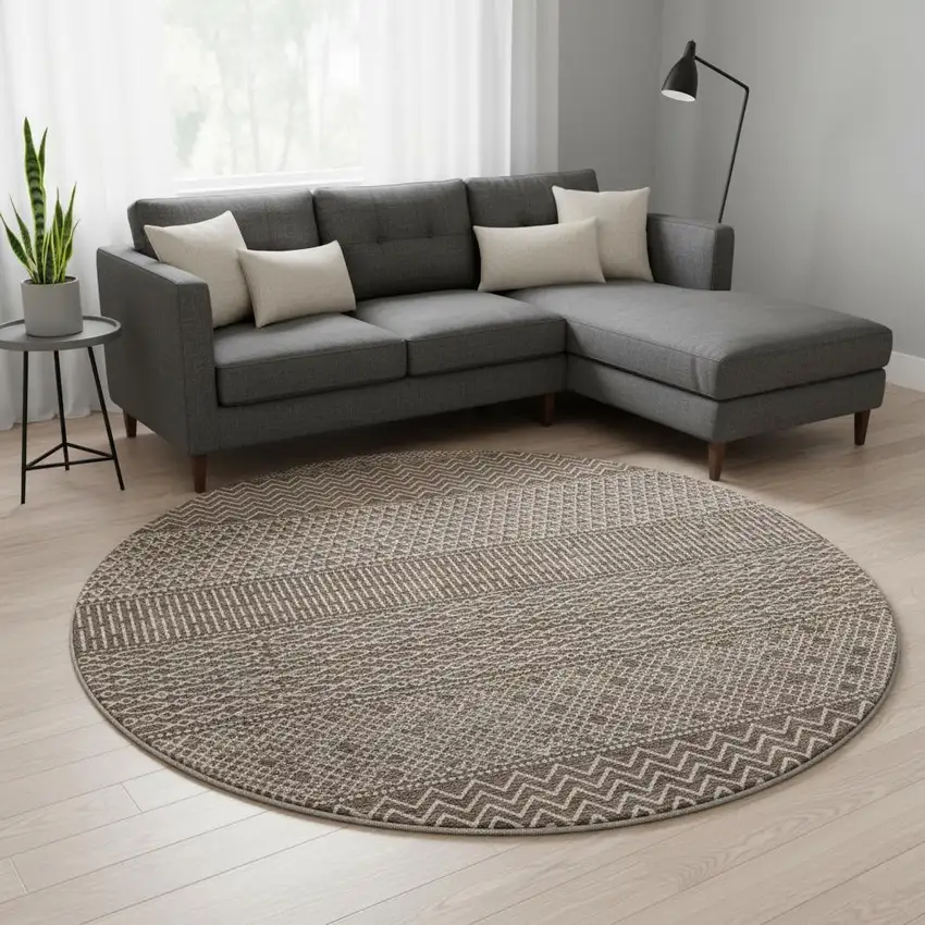 8' Brown And Beige Striped Washable Round Rug With UV Protection Photo 2