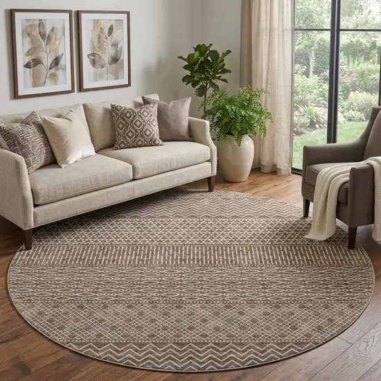 8' Brown And Beige Striped Washable Round Rug With UV Protection Photo 1