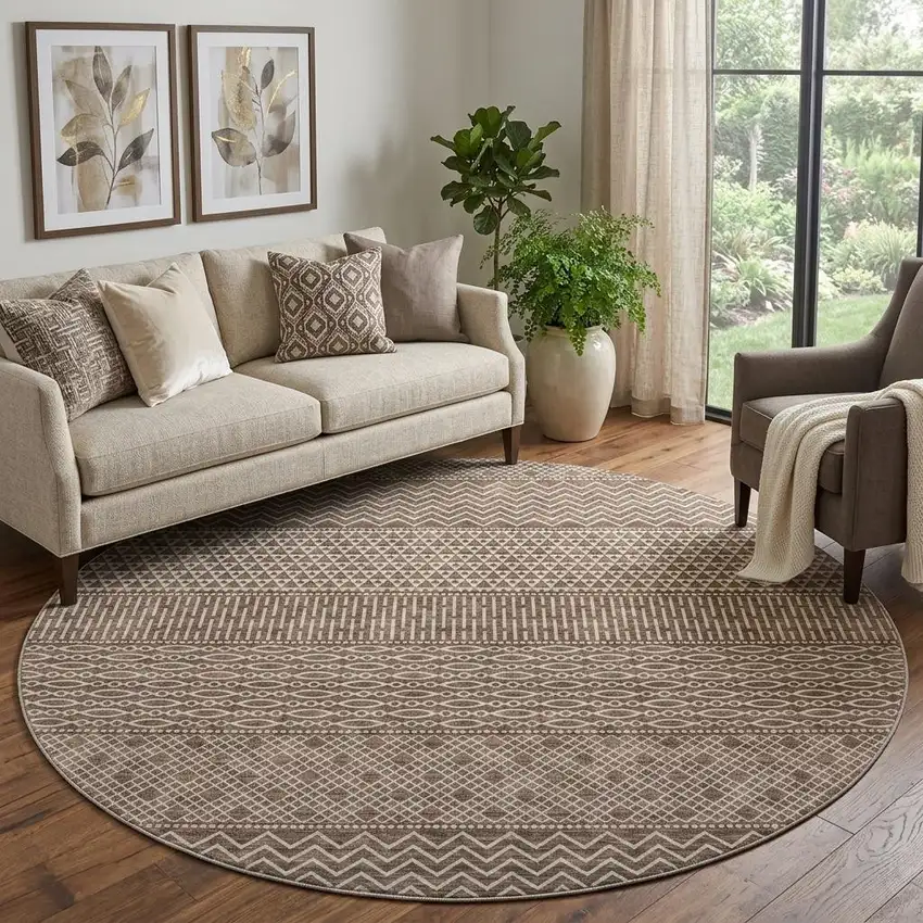 8' Brown And Beige Striped Washable Round Rug With UV Protection Photo 1