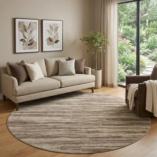 8' Brown And Beige Striped Washable Round Rug With UV Protection Photo 1