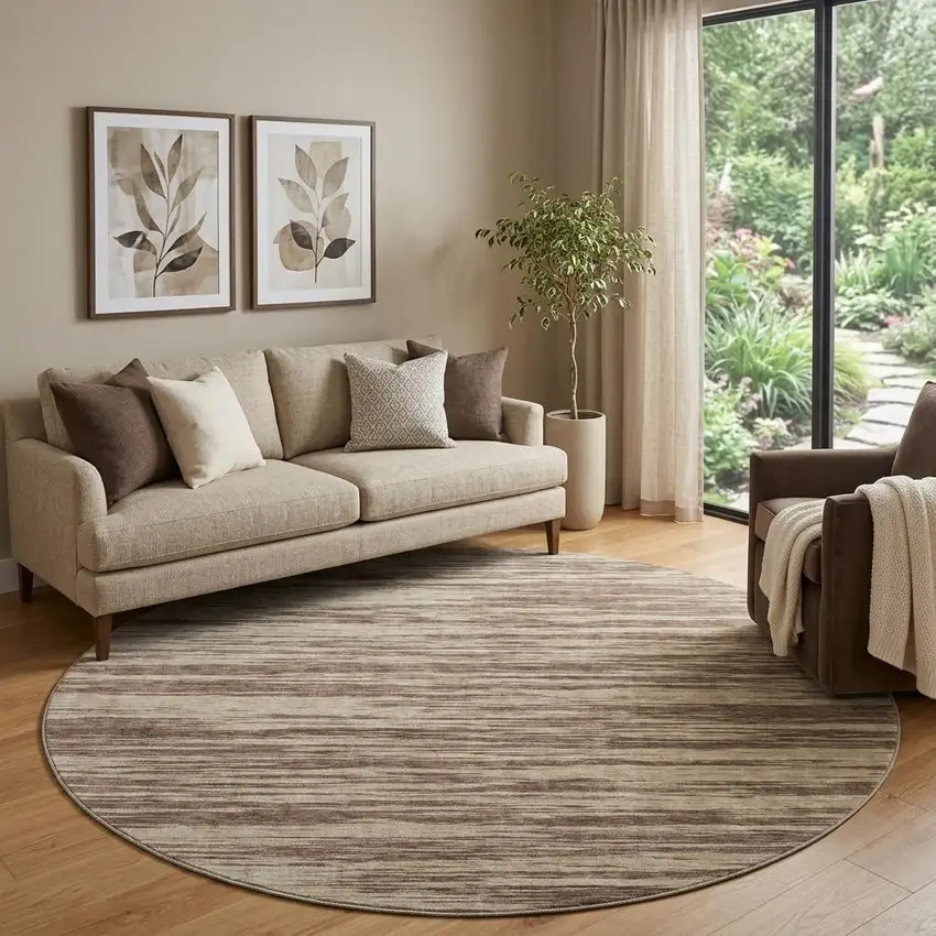8' Brown And Beige Striped Washable Round Rug With UV Protection Photo 1