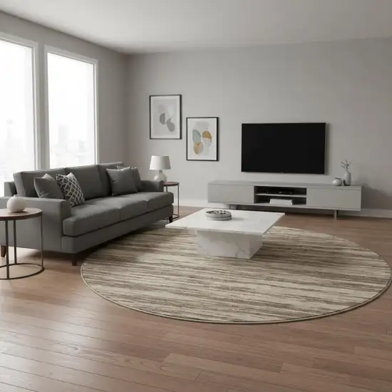 8' Brown And Beige Striped Washable Round Rug With UV Protection Photo 2