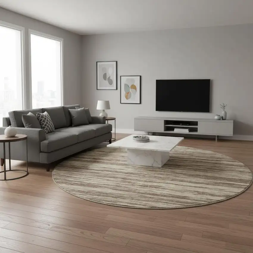 8' Brown And Beige Striped Washable Round Rug With UV Protection Photo 2